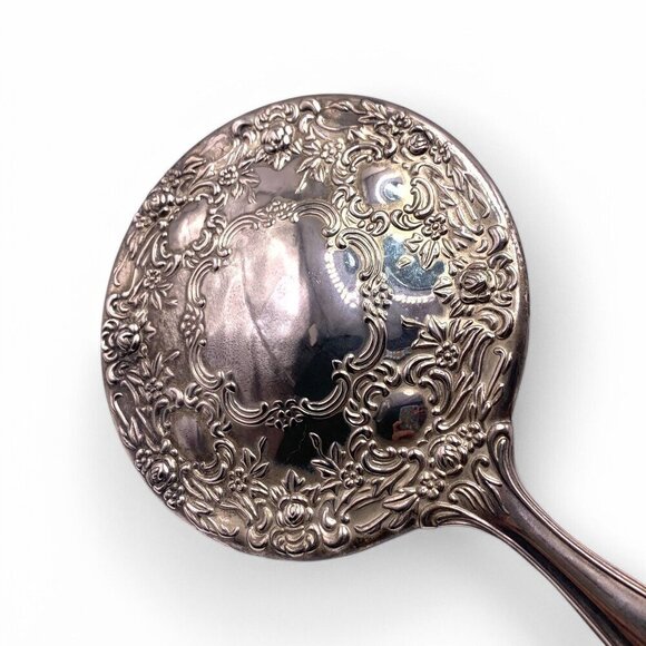 Antique Ornate Silver Handheld Vanity Mirror With Floral Engraving Etched Handle - Picture 3 of 11